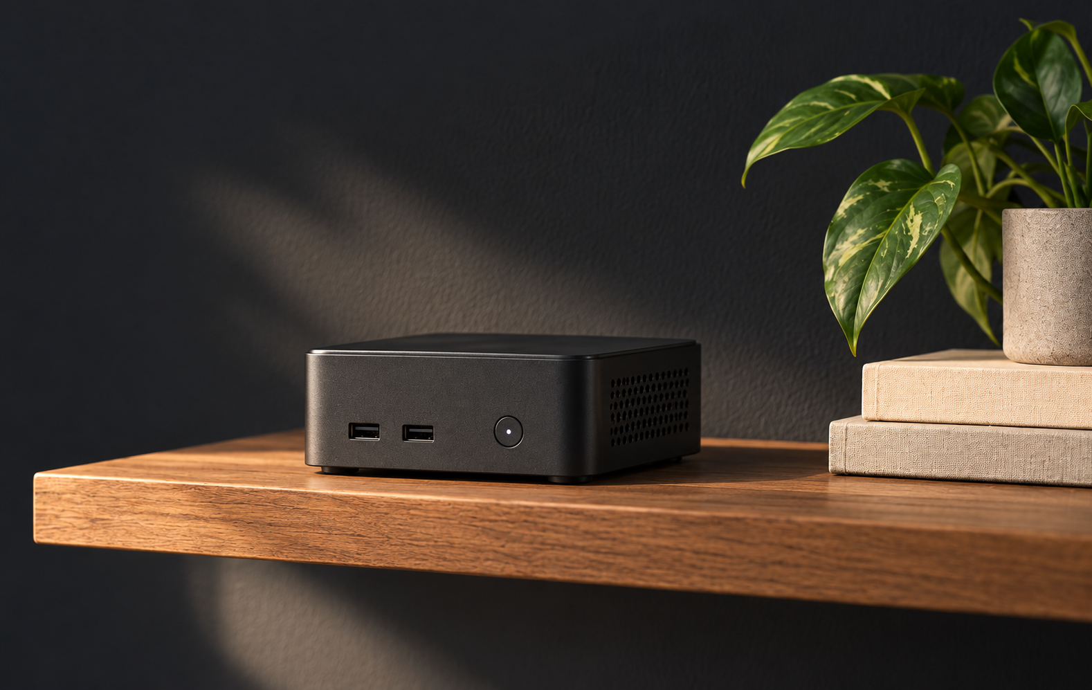 An ordinary small PC on a shelf beside books and a plant